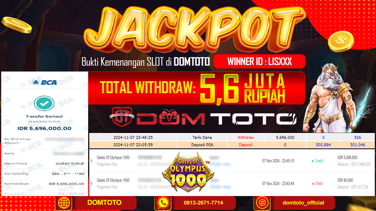 JACKPOT SLOT GATE OF OLYMPUS 1000 08 NOVEMBER 2024